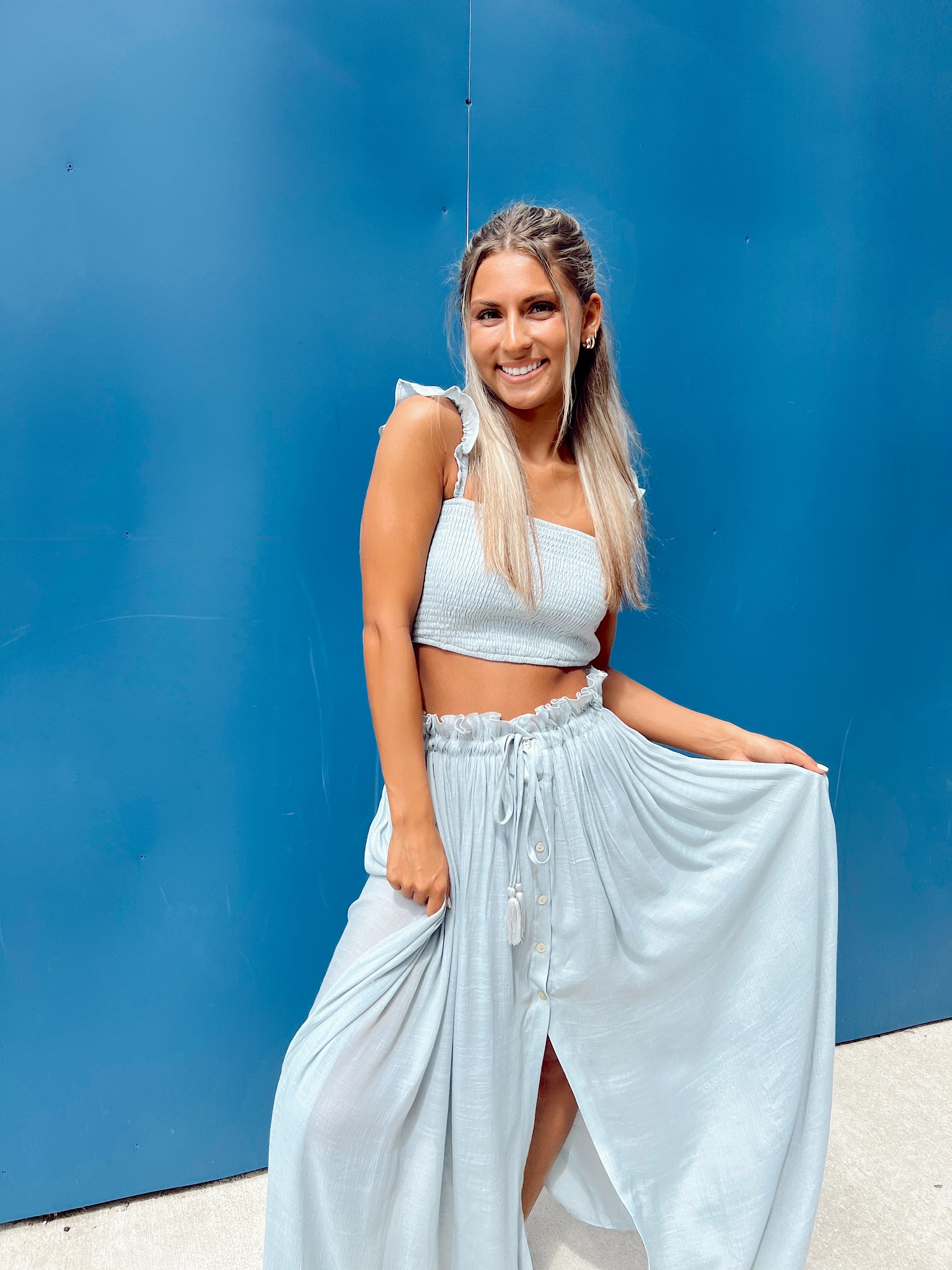 FINAL SALE- Monty Dusty Blue Smocked Top