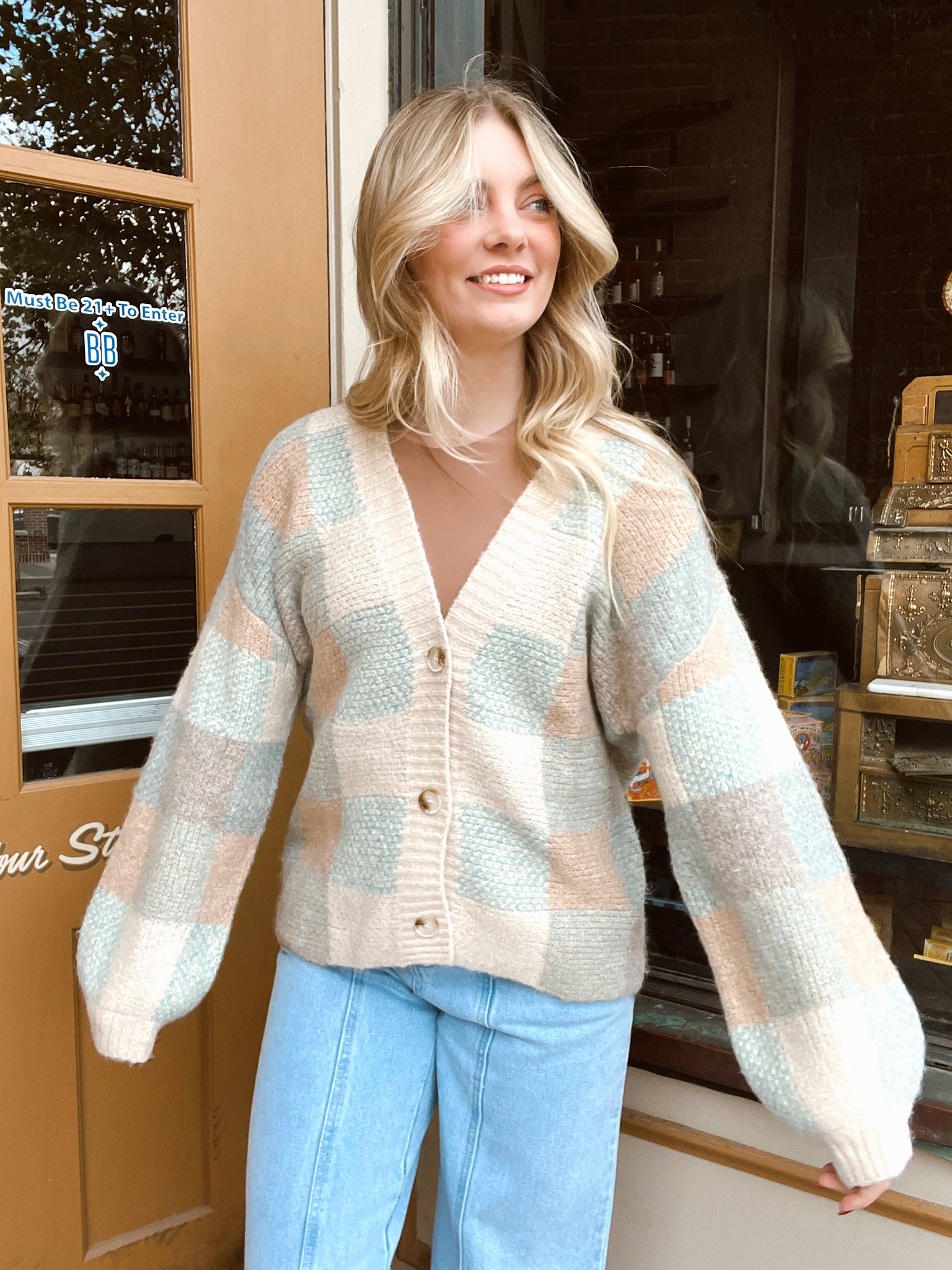Cheers Cream Checkered Cardigan
