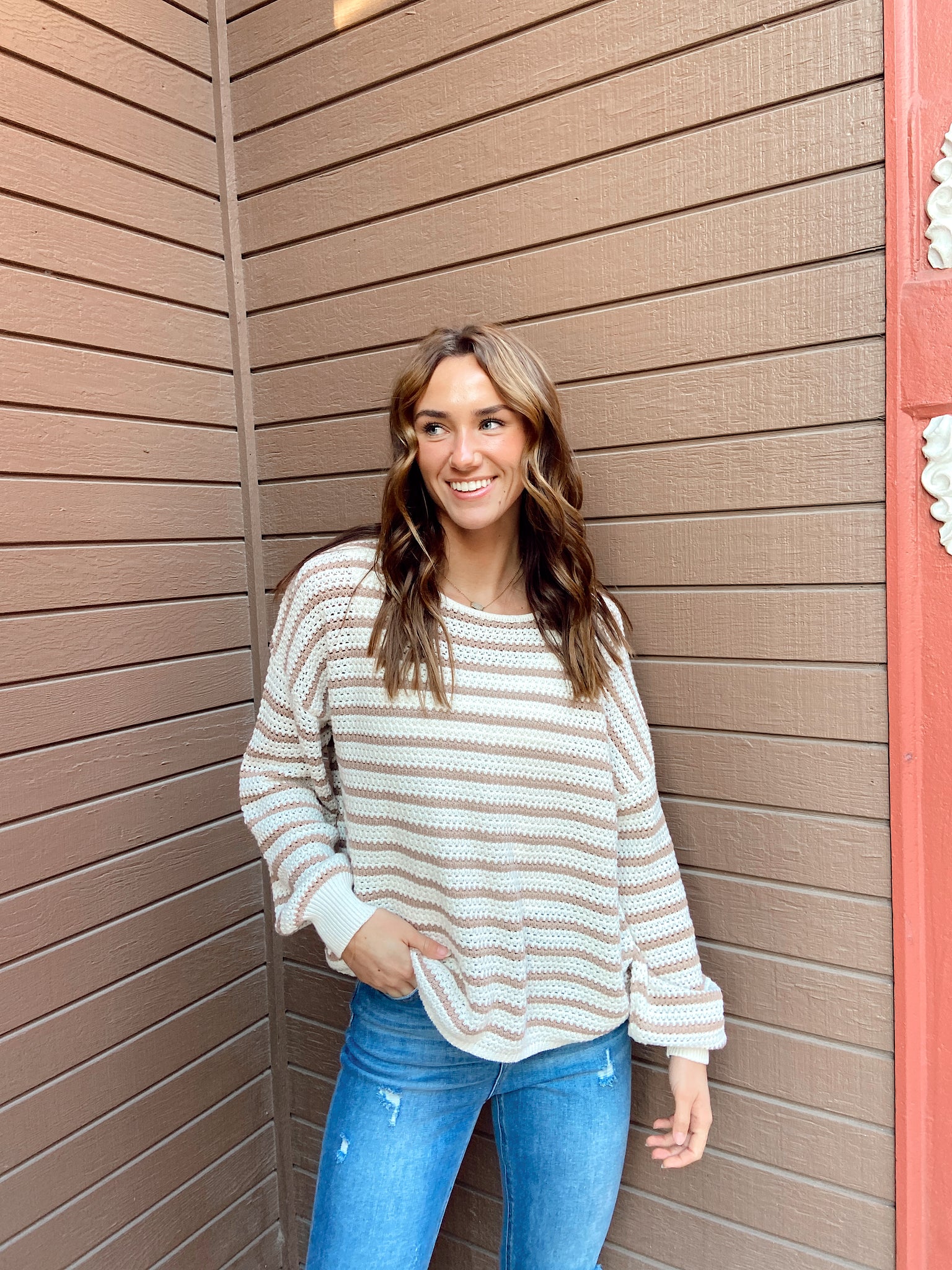 Coastal Views Taupe Striped Sweater