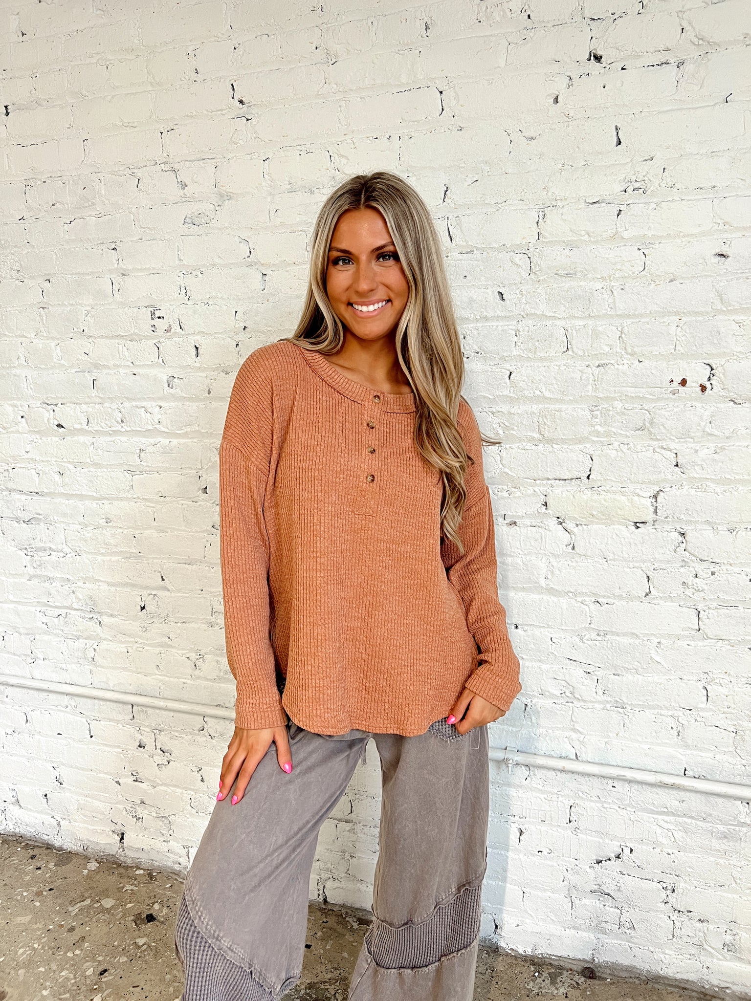 Stay In Waffle Knit Terracotta Henley