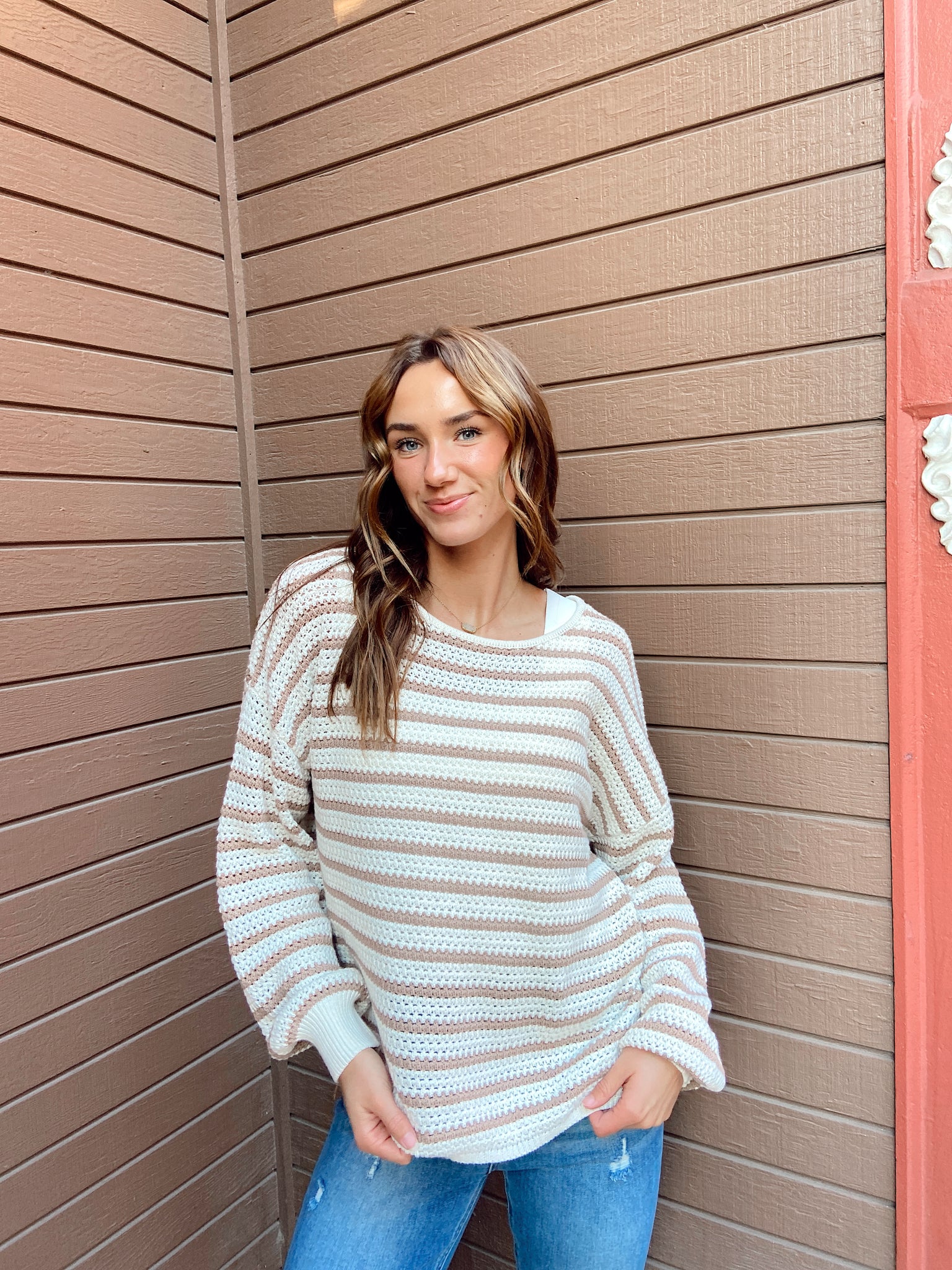 Coastal Views Taupe Striped Sweater