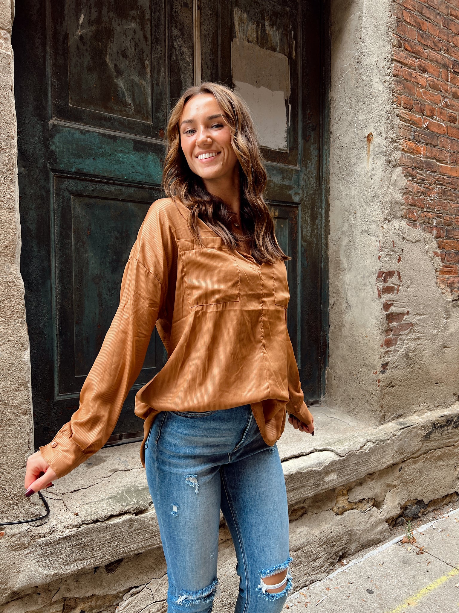 FINAL SALE- Drifter Caramel Silk Blouse