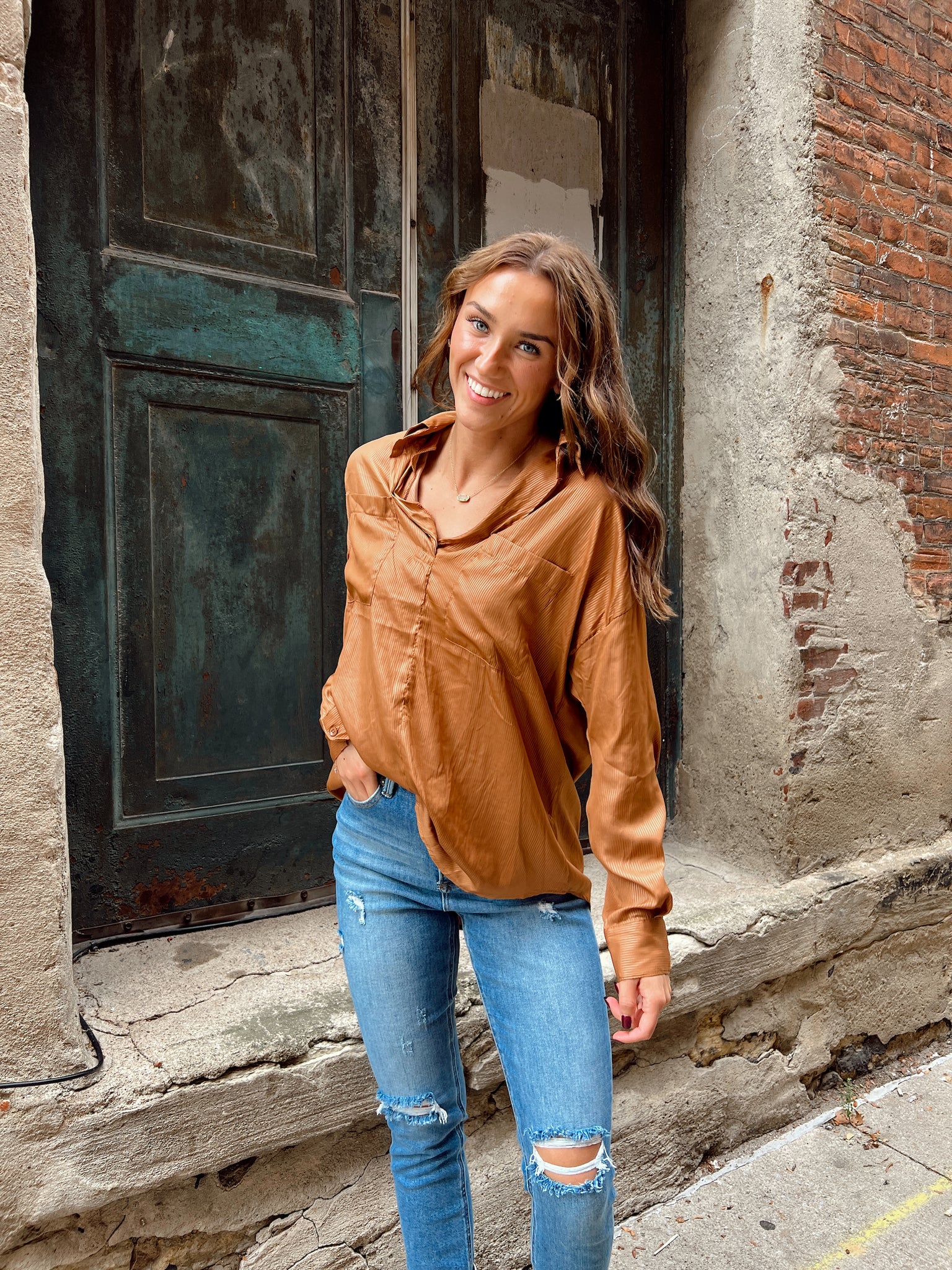 FINAL SALE- Drifter Caramel Silk Blouse
