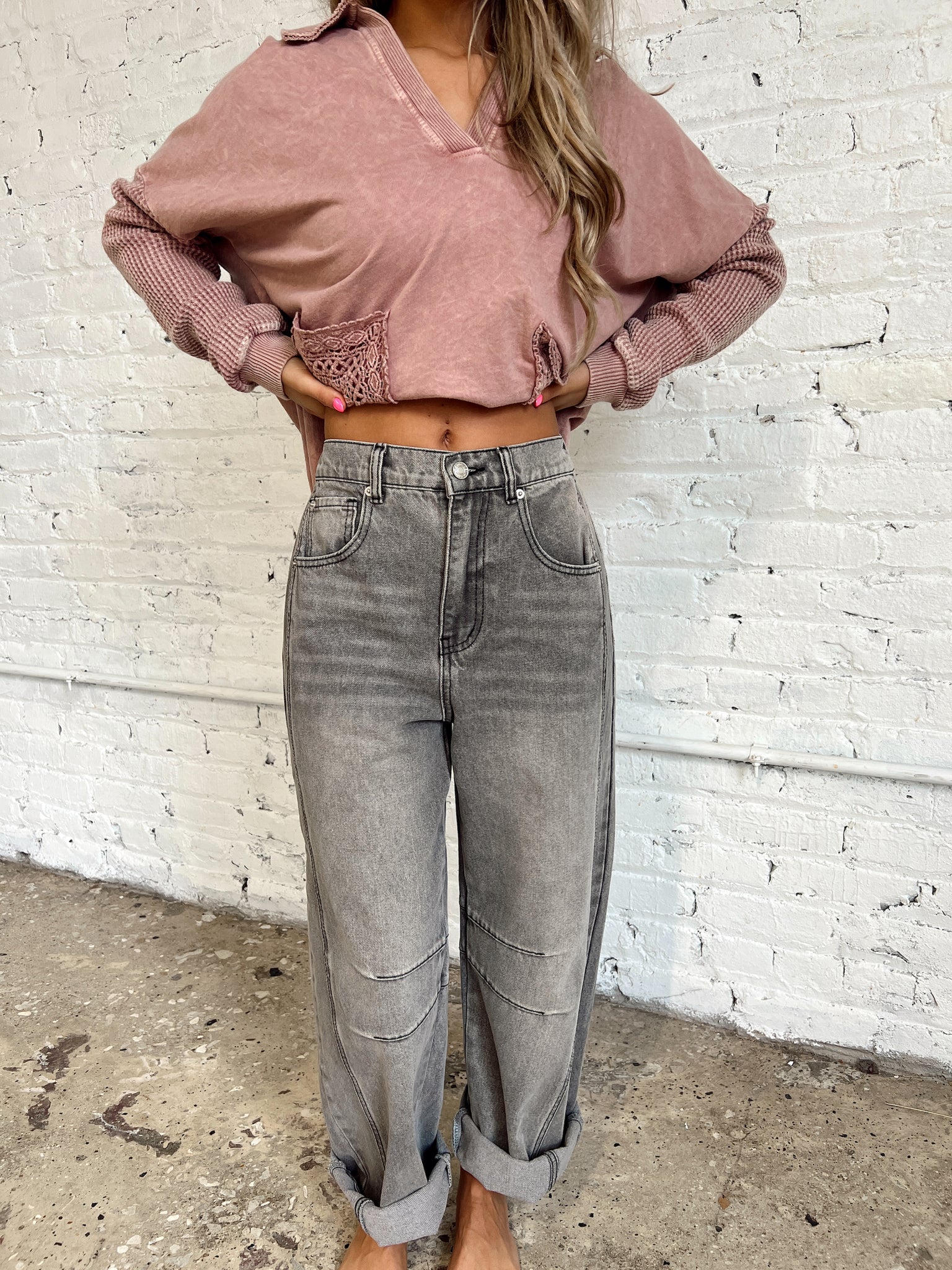 My Way Gray Denim Barrel Jeans