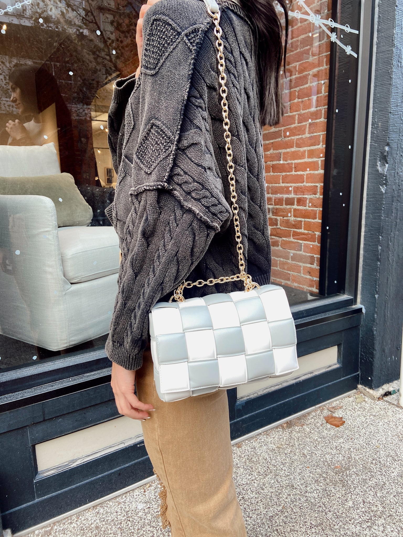 Grey Checkered Crossbody Bag