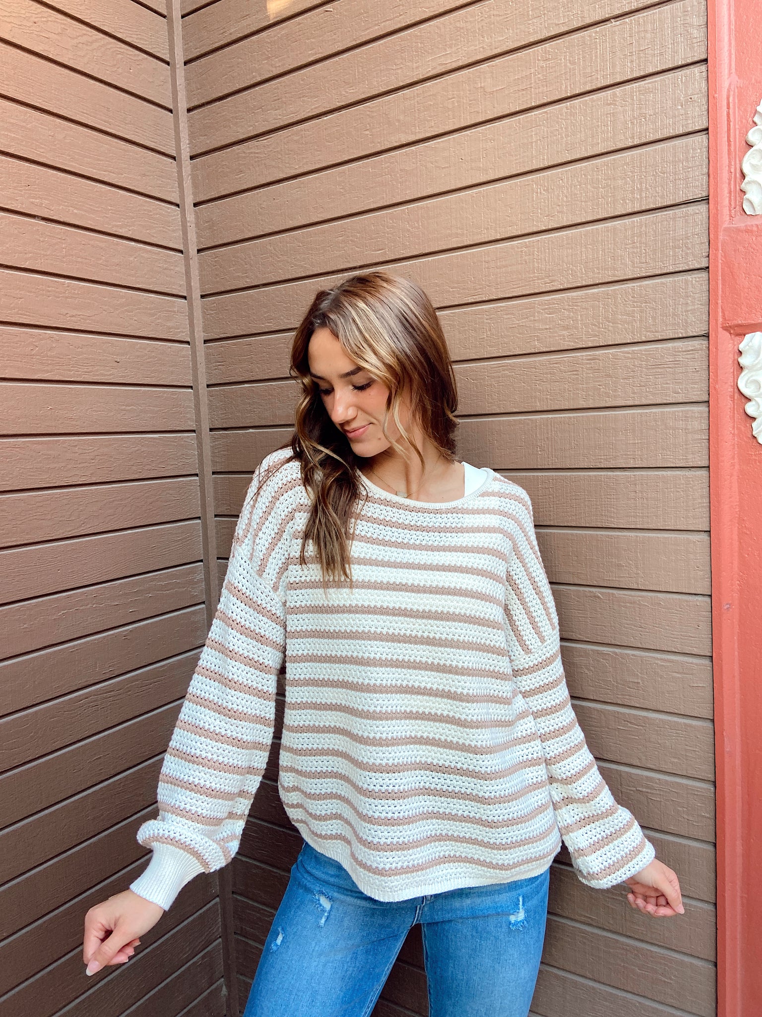 Coastal Views Taupe Striped Sweater