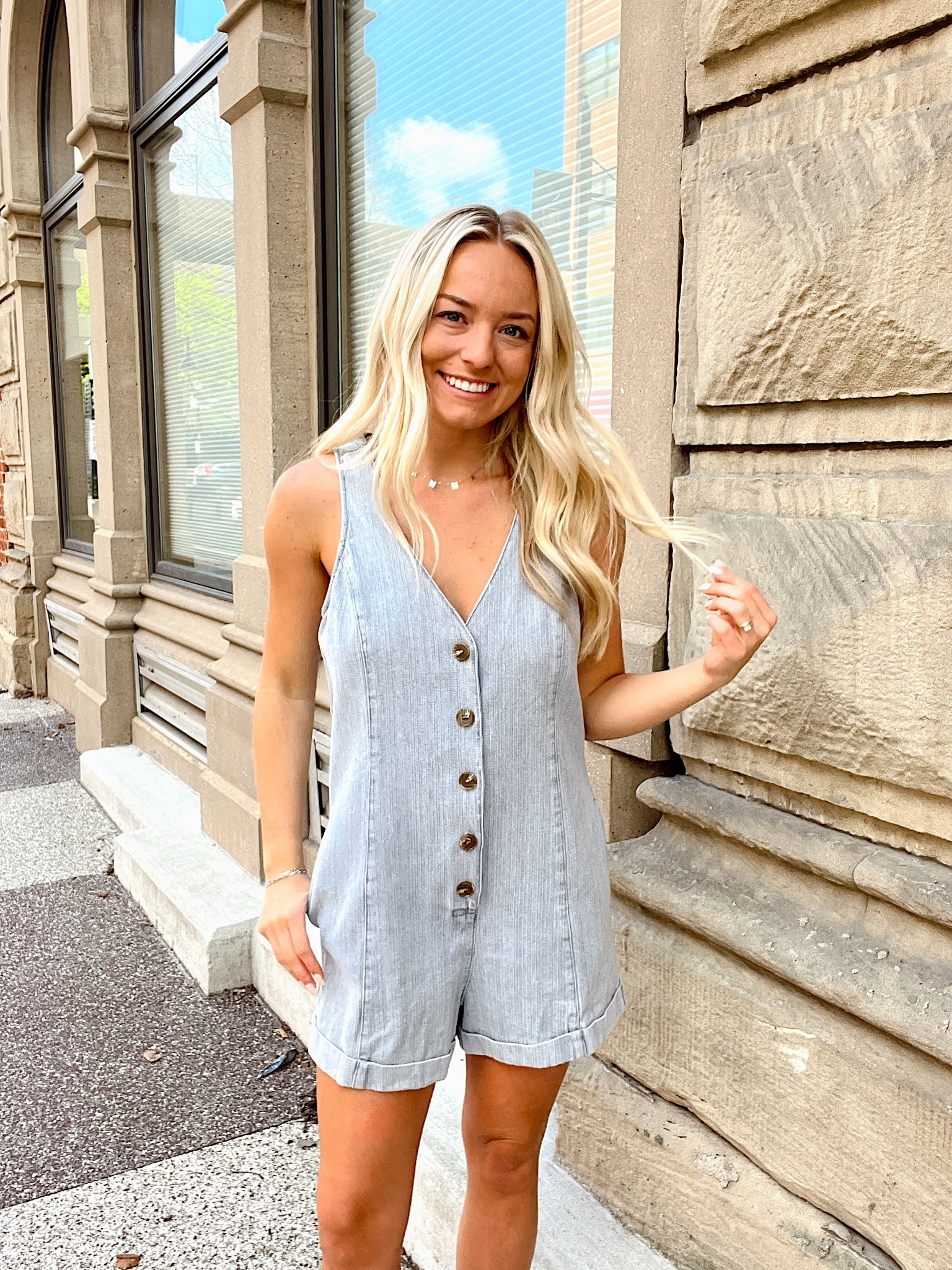 Give Me Closure Denim Romper