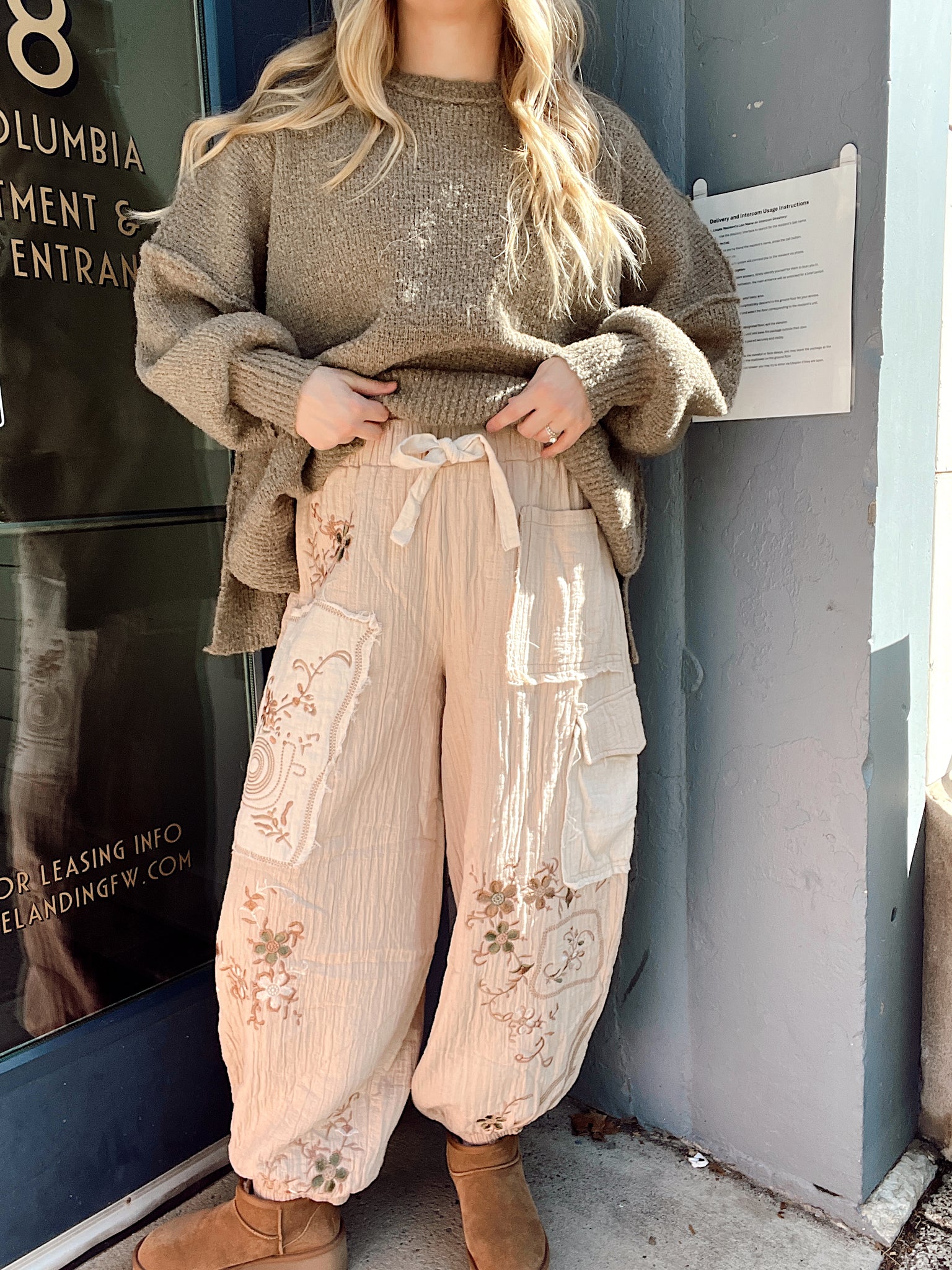 Kyndal Beige Embroidered Gauze Pants
