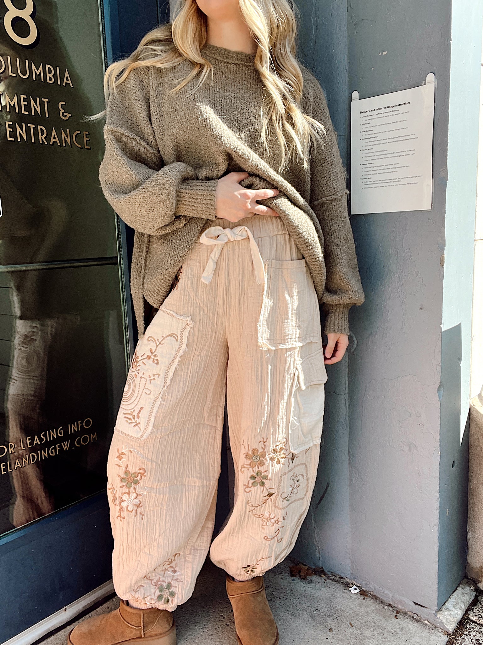 Kyndal Beige Embroidered Gauze Pants
