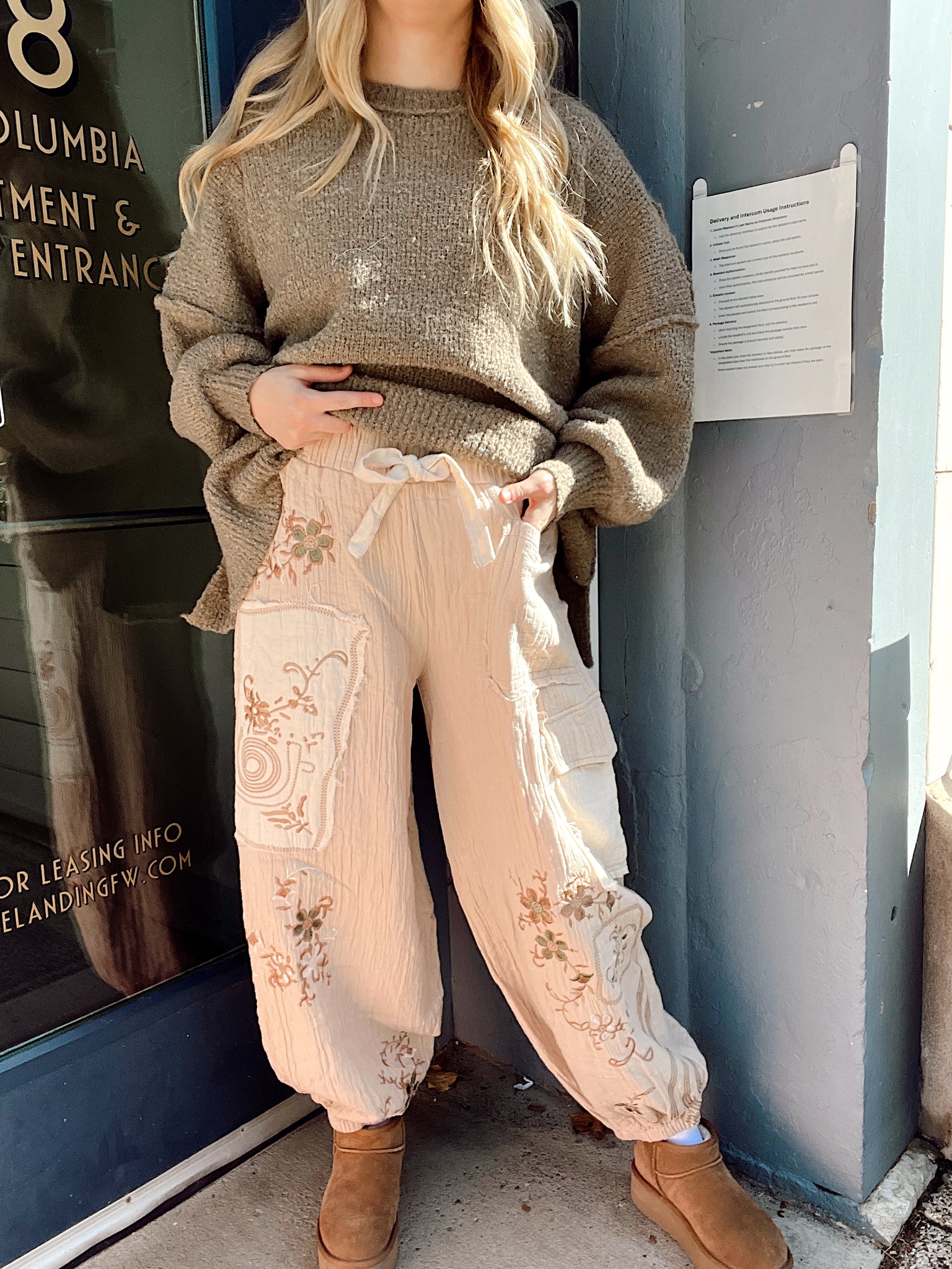 Kyndal Beige Embroidered Gauze Pants