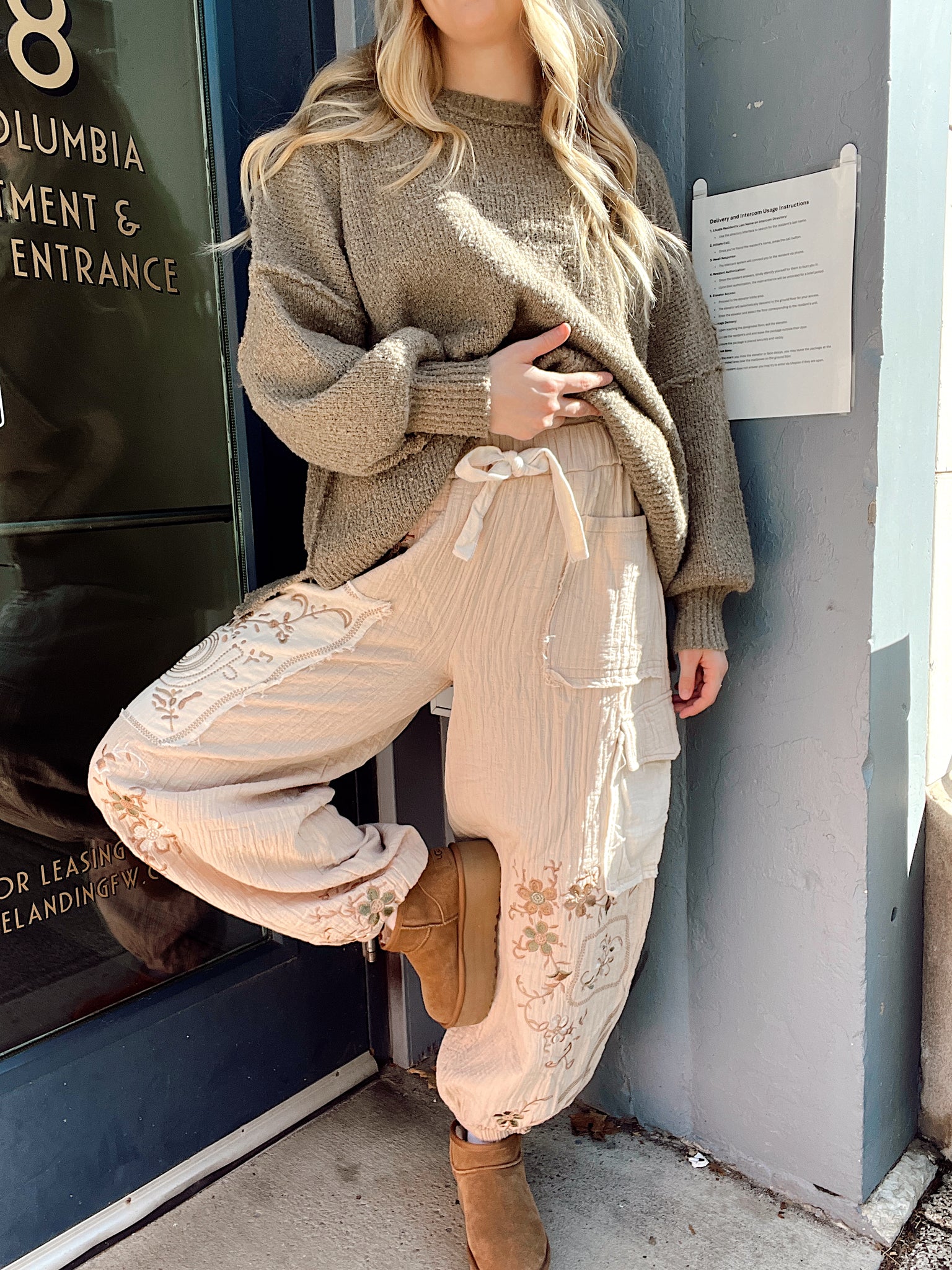 Kyndal Beige Embroidered Gauze Pants