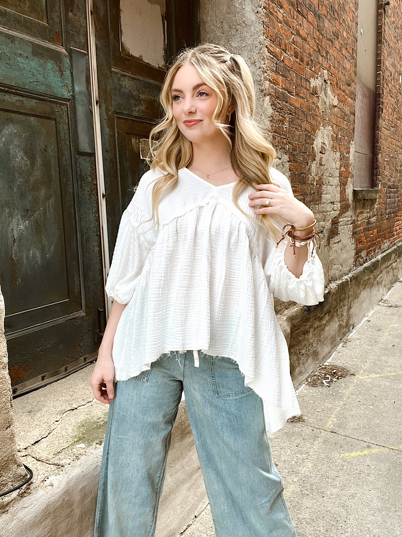 Vacay Stay White Babydoll Top