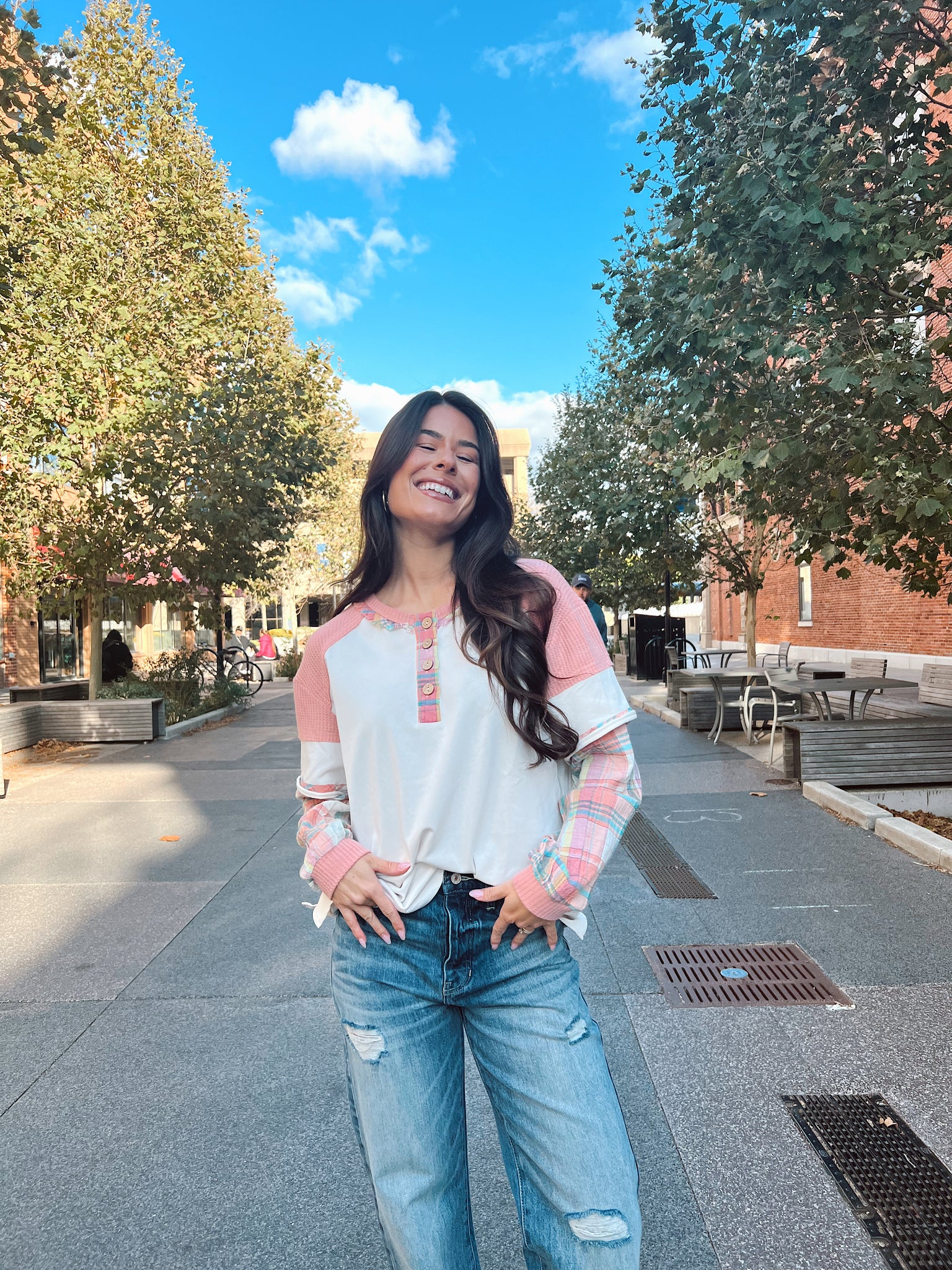 FINAL SALE- Andrea Ecru Plaid Long Sleeve