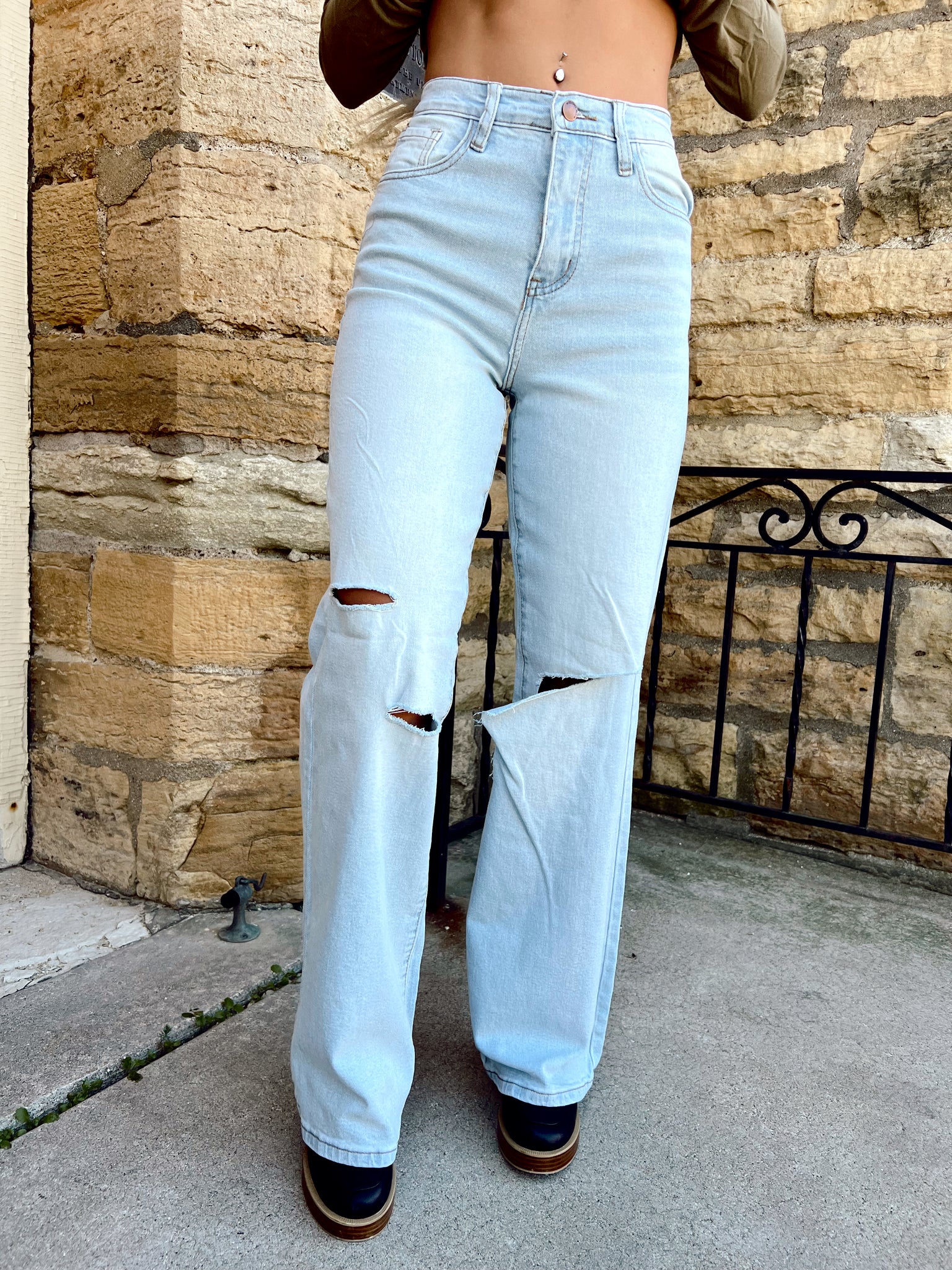 FINAL SALE- At Ease Light Wash Distressed Wide Fit Jeans
