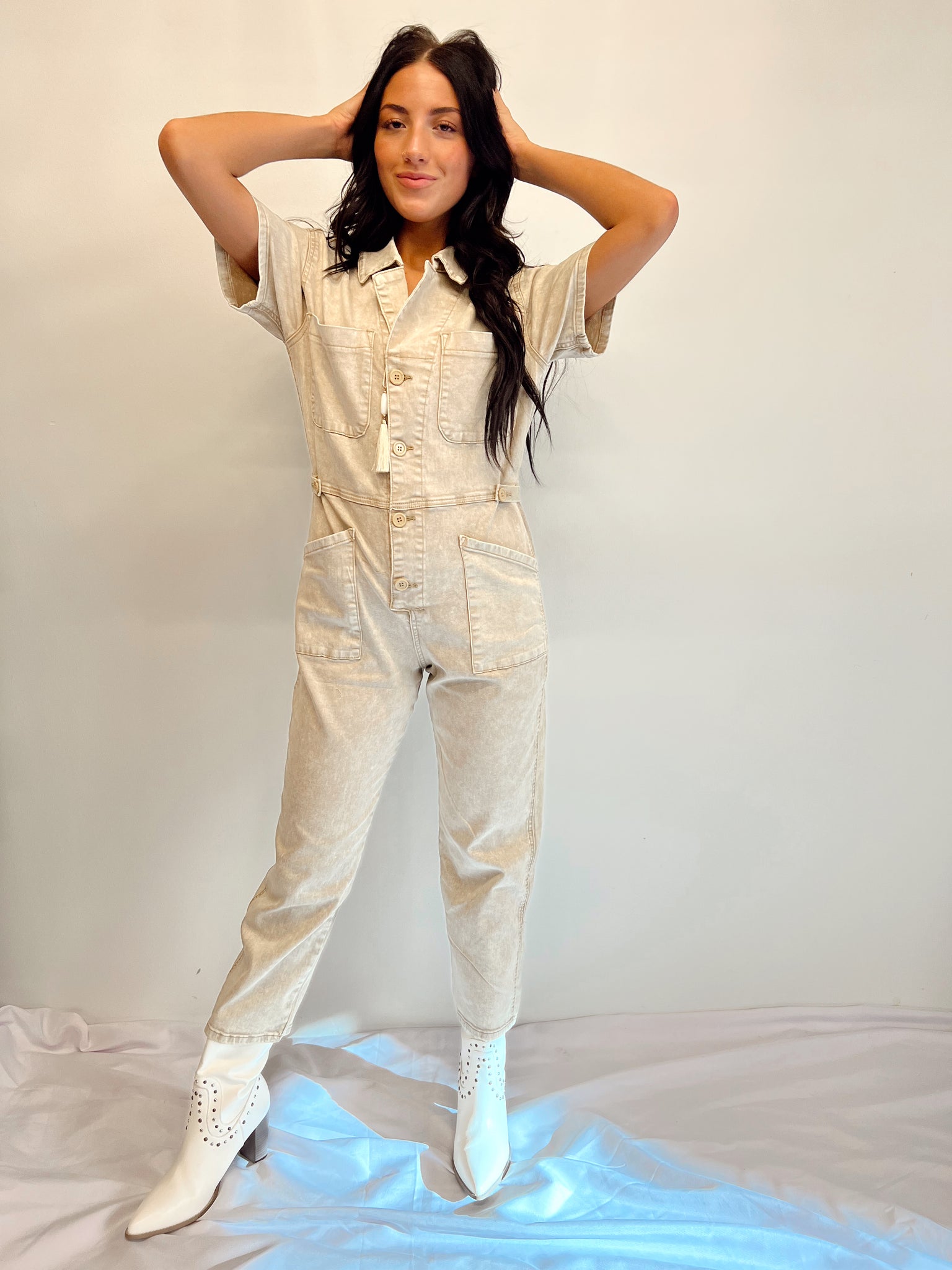 Cross My Heart Taupe Utility Jumpsuit