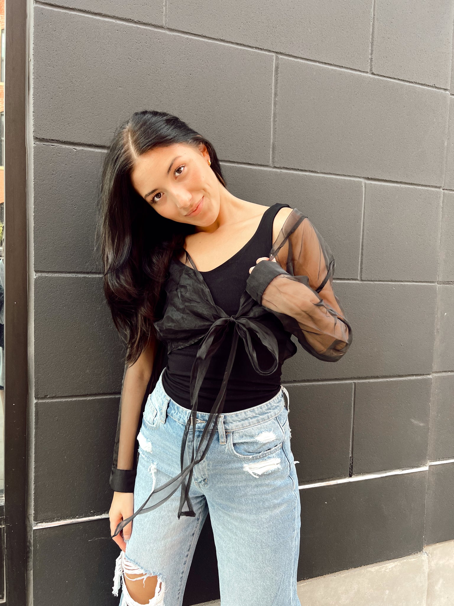 FINAL SALE- One Way Out Black Sheer Front Tie Top