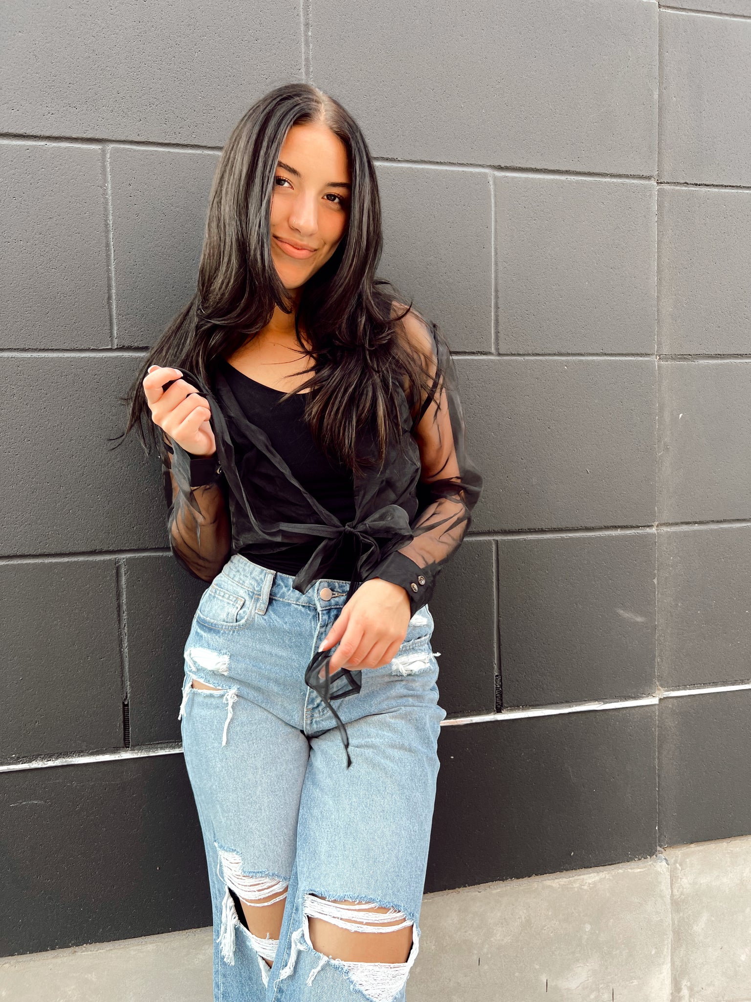 FINAL SALE- One Way Out Black Sheer Front Tie Top