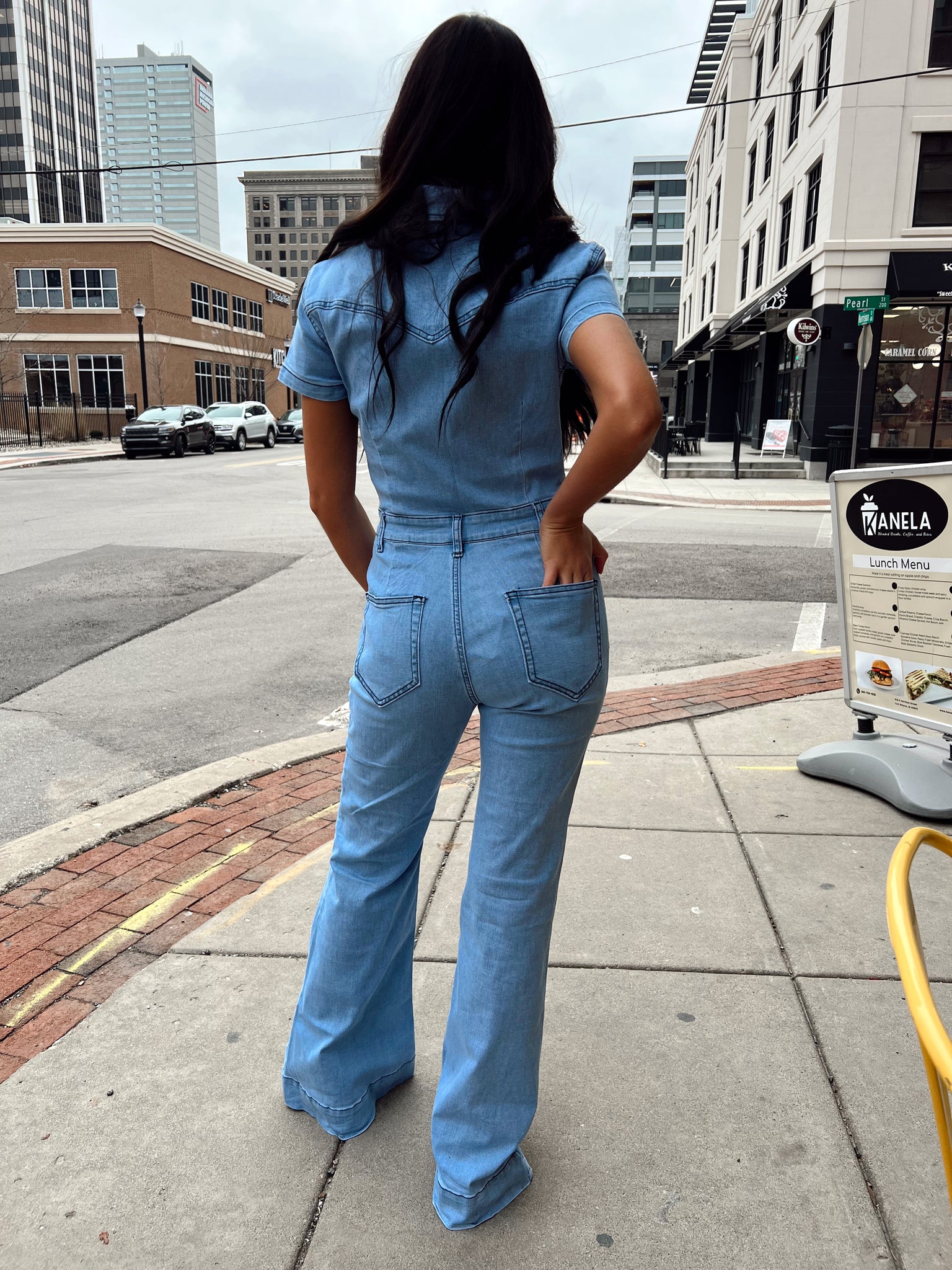 In Flight Denim Utility Flared Jumpsuit