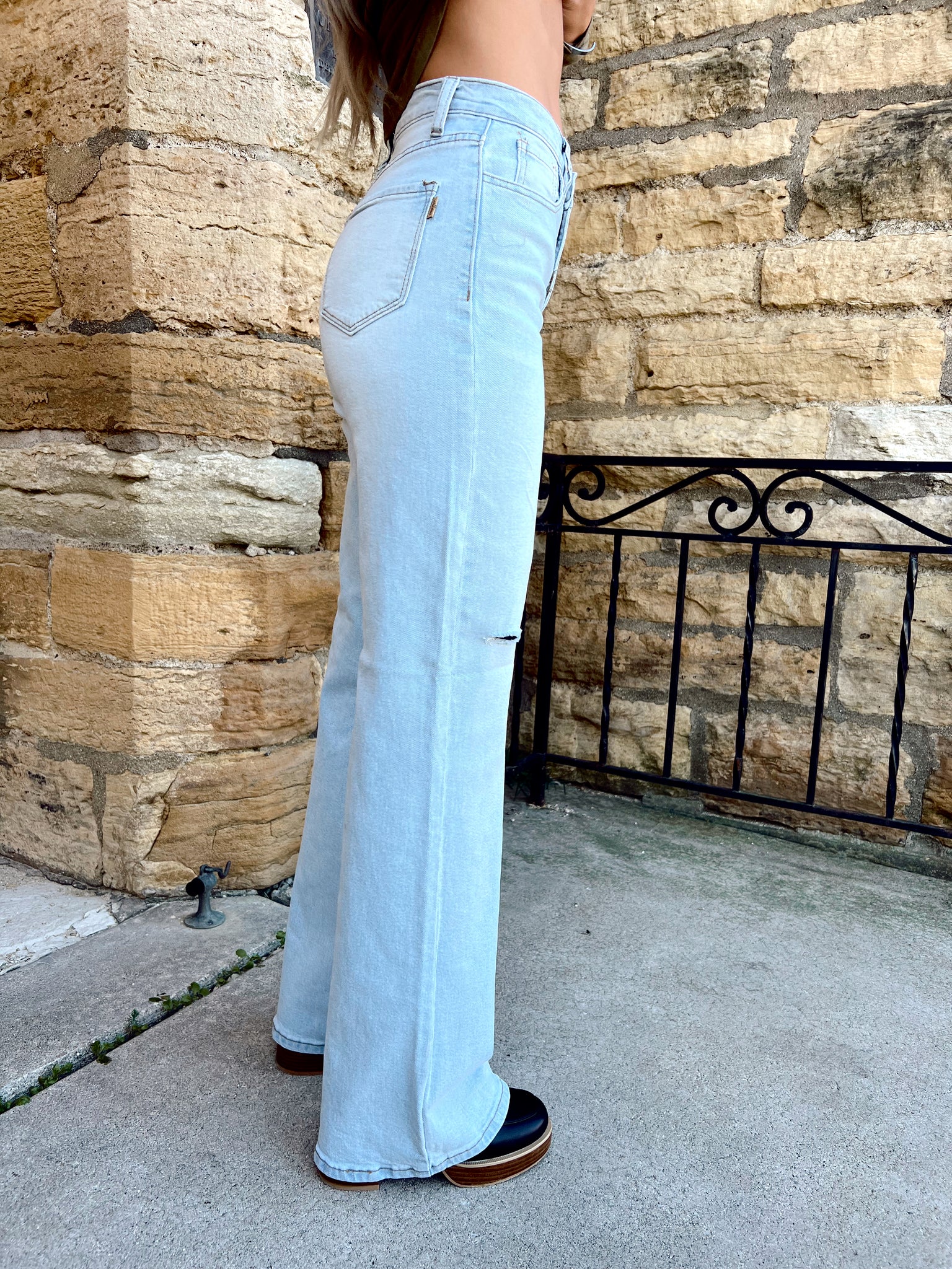 FINAL SALE- At Ease Light Wash Distressed Wide Fit Jeans
