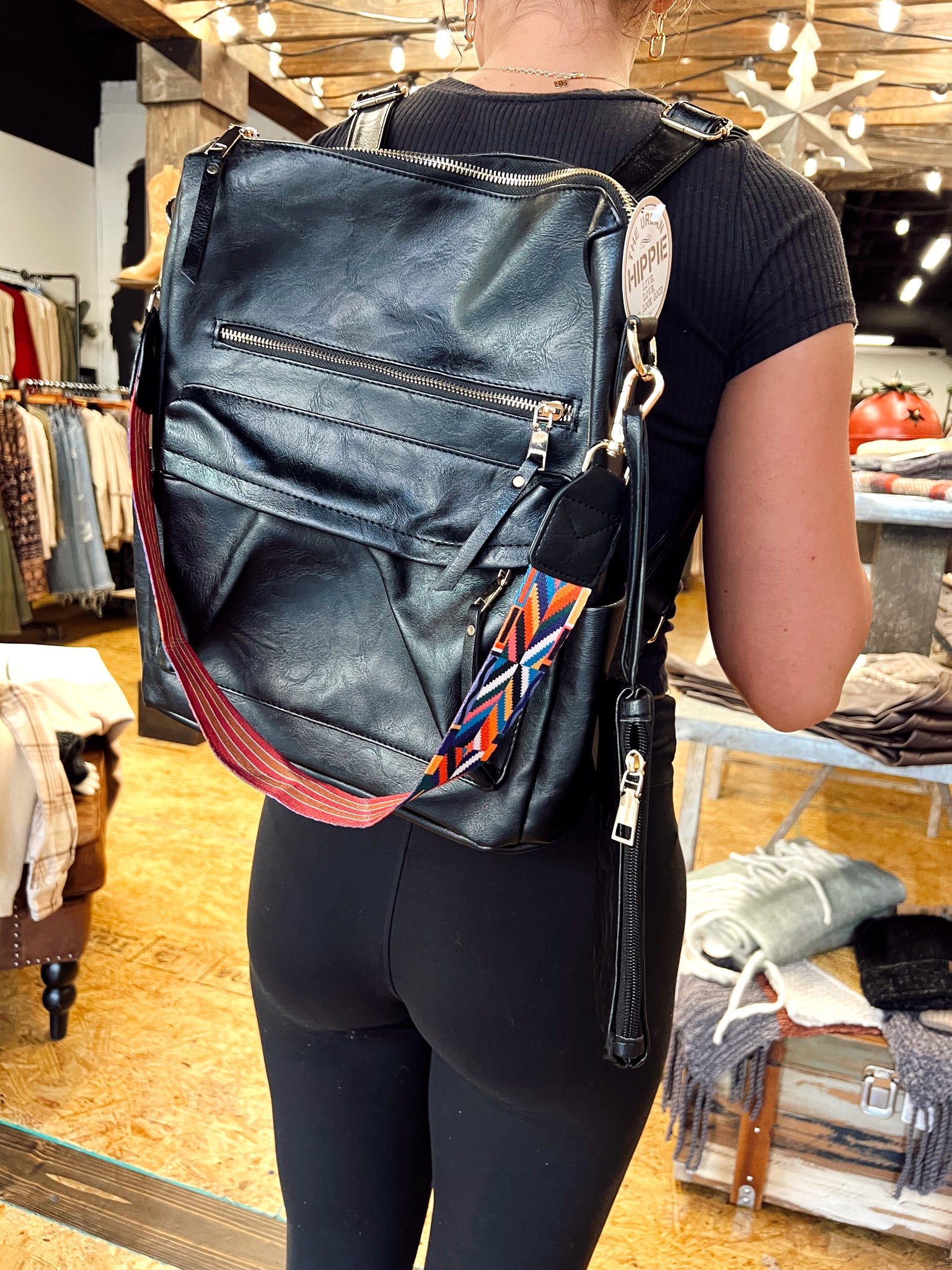 Black Leather Guitar Strap Backpack