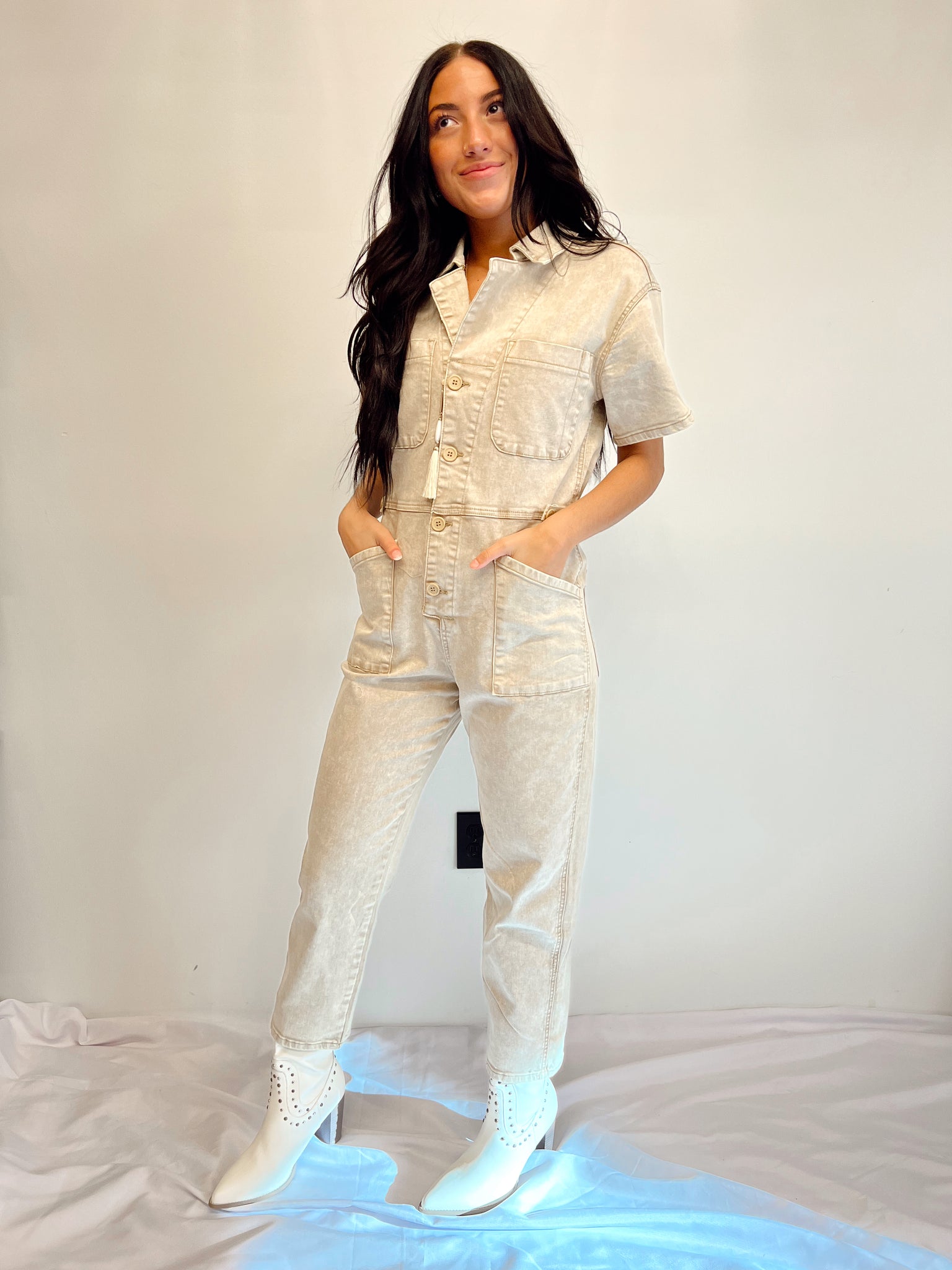 Cross My Heart Taupe Utility Jumpsuit