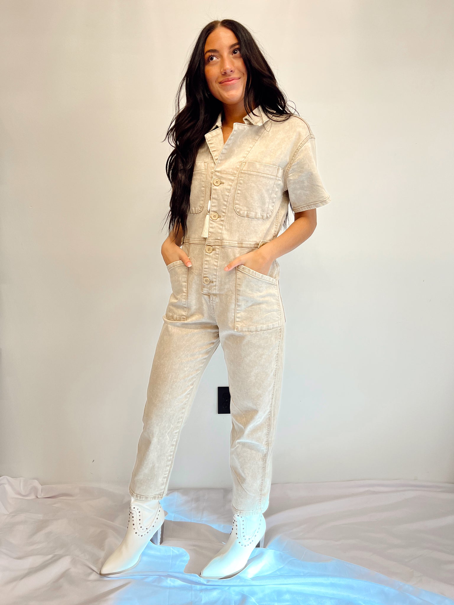 FINAL SALE- Cross My Heart Taupe Utility Jumpsuit